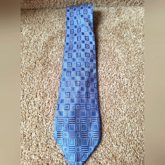 Barcelino Mens 100% Silk Tie Blue Geometric 4" - Picture 1 of 5